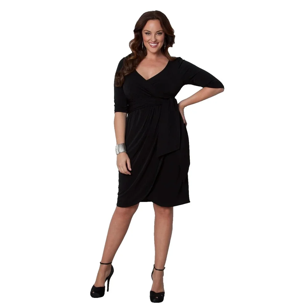 Kiyonna Women Dress Black 3X Harlow Style Faux Wrap LBD Sweetheart Neckline LBD